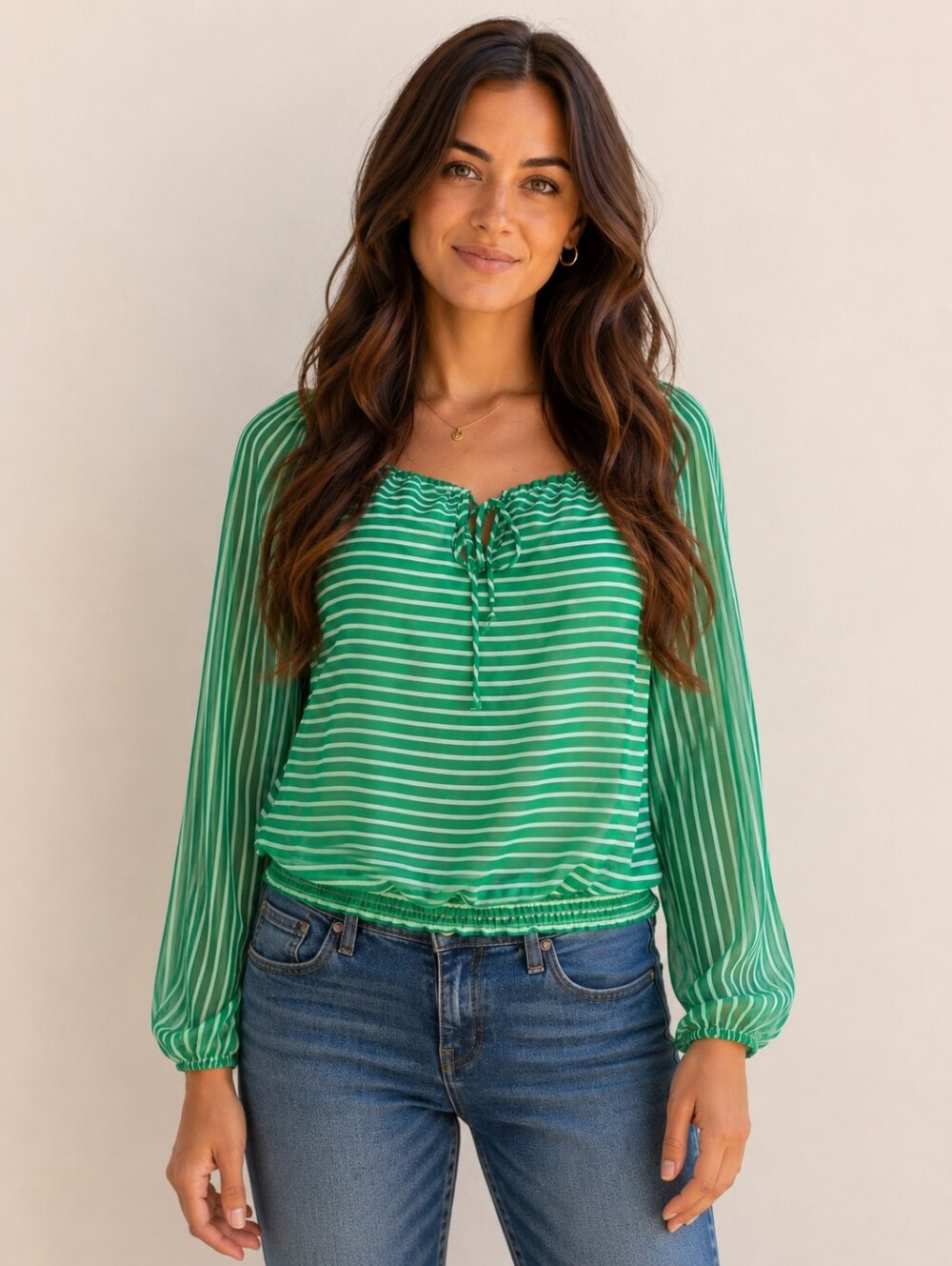 Women's Size Large Sheer Sleeve Blouse Scoop Neck Green Stripe Top USA